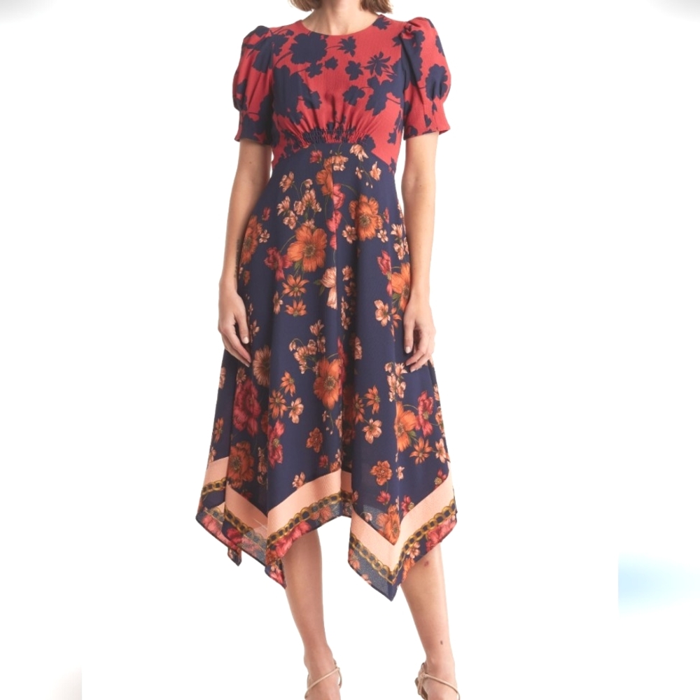 Vince Camuto Handkerchief Hem Floral Midi Dress - Picture 16 of 16